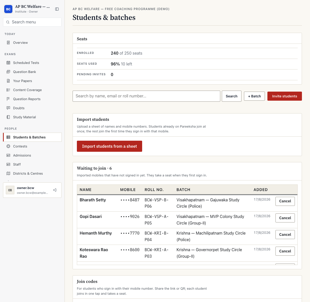 Console Students and batches page: 240 of 250 seats used, search, Invite students, Import students from a sheet, and a waiting list of imported mobiles (shown as last four digits) that have not signed in yet.