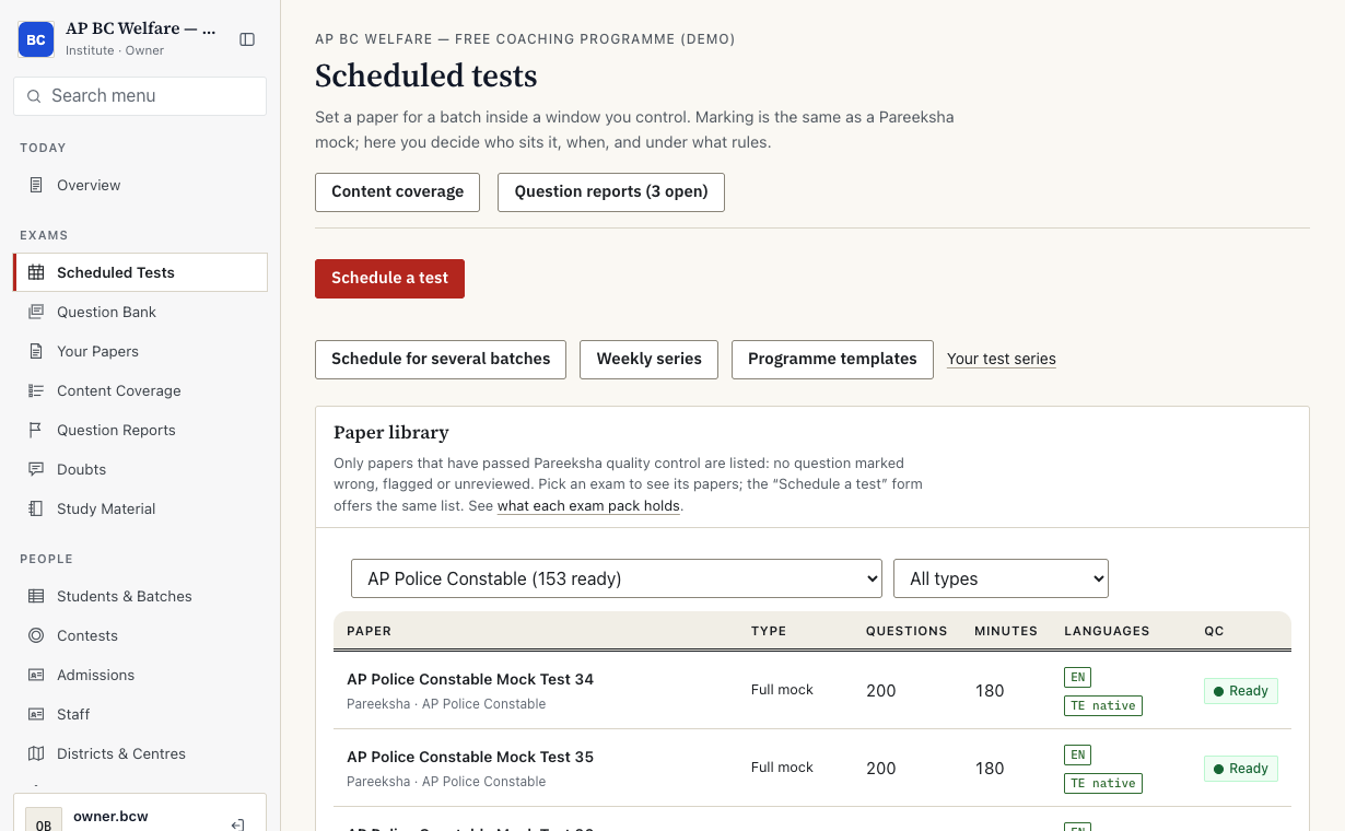 Console screenshot of Scheduled tests: a Schedule a test button, options to schedule for several batches, a weekly series or a programme template, and the paper library filtered to AP Police Constable with 153 quality-checked papers, each with questions, minutes and languages.