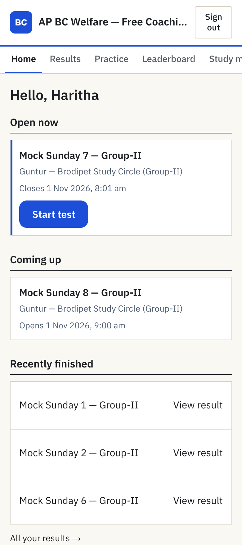 Phone screenshot of a demo programme's student site after signing in: the open Sunday mock with a Start test button, next week's mock under Coming up, and past mocks with View result links.